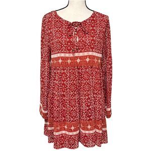Indigo Soul Bohemian Babydoll Mini Dress Sz Small Red Long Sleeve
